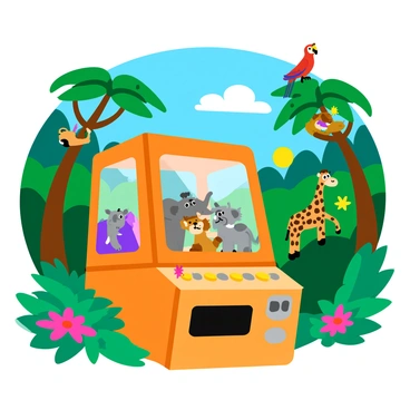 A safari-themed gacha machine is positioned prominently in the foreground, adorned with colorful animal graphics. The machine is partially transparent, revealing various wild animal figures inside, such as a lion, an elephant, a zebra, and a giraffe. In the background, a dense jungle landscape fills the scene, featuring tall green trees, vibrant tropical plants, and exotic flowers. Sunlight filters through the canopy, casting dappled shadows on the ground. A few curious monkeys can be seen swinging on the branches nearby, while a parrot sits perched on one of the tree limbs, adding a splash of color to the lively setting.