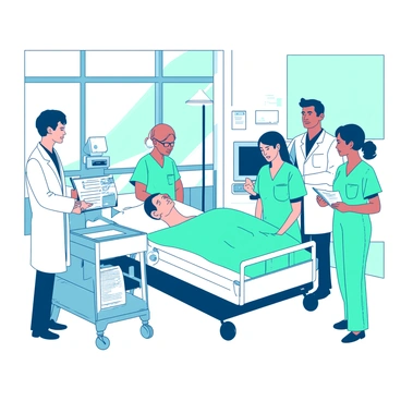 A group of five doctors and nurses is actively collaborating in a hospital ward. The doctors are wearing white coats, while the nurses are dressed in teal scrubs. One doctor is examining a patient's chart, while another is speaking to a nurse who is preparing medical equipment on a nearby trolley. A third nurse is adjusting the IV stand next to a patient resting on a hospital bed. The ward is well-lit with large windows allowing natural light to enter, and there are various medical instruments and monitors visible in the background.
