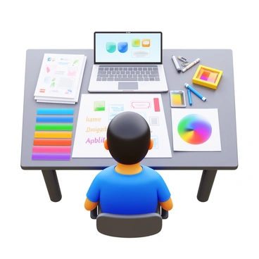 A designer focused on a brand identity project sitting at a desk. The designer has short, dark hair and is wearing glasses. There are numerous sketches scattered across the desk, showcasing various logo designs and typography concepts. Color swatches in bright and vibrant hues are arranged neatly next to the sketches. A laptop is open, displaying a design software interface. In the background, there are design books and tools like markers and rulers. The overall scene conveys a sense of creativity and concentration.