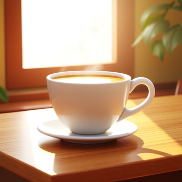 A coffee cup with a creamy brown beverage inside, steam gently rising from the surface. The cup has a glossy finish and a simple design. It is placed on a rustic wooden table that displays the grains and texture of the wood. Sunlight is streaming through a window nearby, casting soft shadows on the table and illuminating the scene with a warm glow.