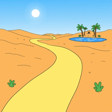 A long, winding yellow brick road stretches across an expansive desert landscape with rolling sand dunes. The sun is shining brightly in a clear blue sky, casting shadows along the road. To the left and right of the road, the sand is a warm golden color, with a few sparse tufts of green cactus scattered throughout the scene. In the distance, an oasis can be seen, featuring tall palm trees and a shimmering pool of water that reflects the sunlight. The oasis appears inviting, contrasting with the dry desert surroundings, and it serves as a destination at the end of the road.