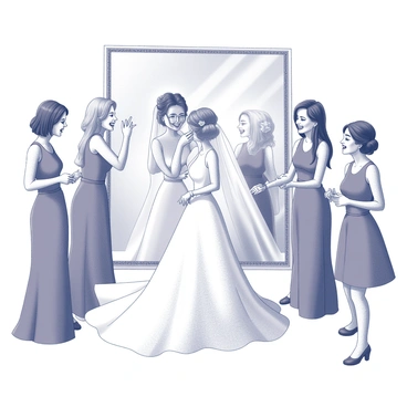 A bride in a flowing white gown is standing in front of a large mirror, adjusting her veil. Surrounding her are several bridesmaids, each wearing matching dresses. One of the bridesmaids is fastening a bracelet around the bride's wrist, while another is applying makeup to her cheek. The room is decorated with flowers and soft lighting. Laughter fills the air as the bridesmaids share stories, creating a joyful atmosphere. The bride's hair is elegantly styled, and her makeup is nearly complete, reflecting a sense of excitement and happiness.
