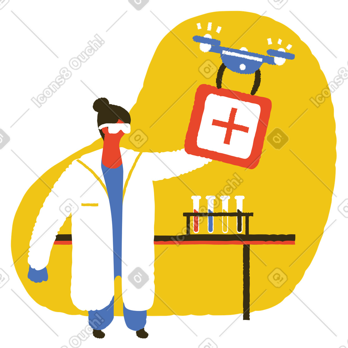 Drone consegna un kit medico a uno scienziato illustrazione in stile Bermuda scarica in PNG, SVG