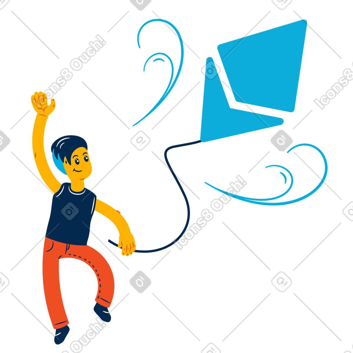 Illustration Homme pilotant un cerf-volant en forme d'ethereum dans le style Flame à télécharger aux formats PNG, SVG