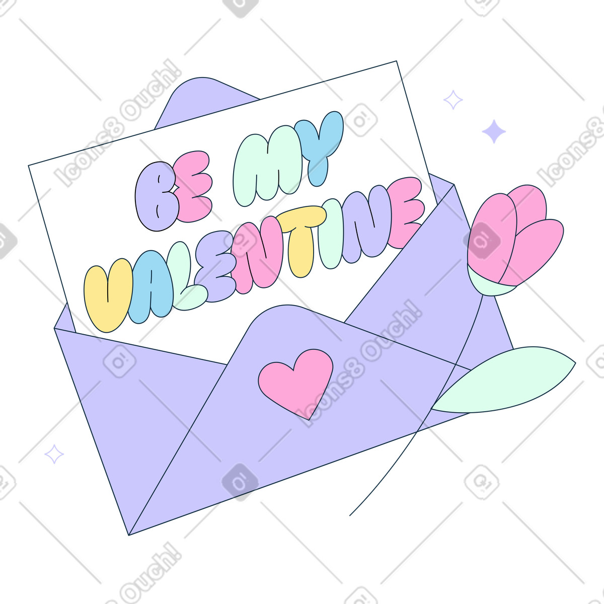 Ilustración Texto sea mi letra de san valentín en el sobre con corazón y flor. estilo Bubble gum a descargar PNG SVG
