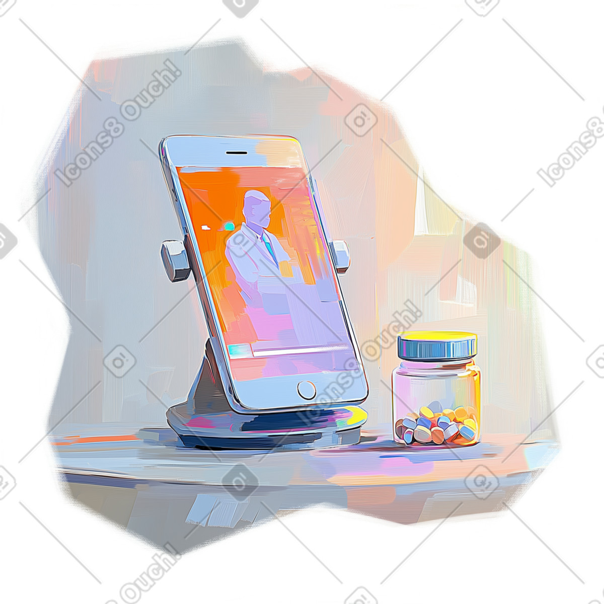 Illustration Oil painting of a doctor's consultation by phone online dans le style Pictorial à télécharger aux formats PNG, SVG