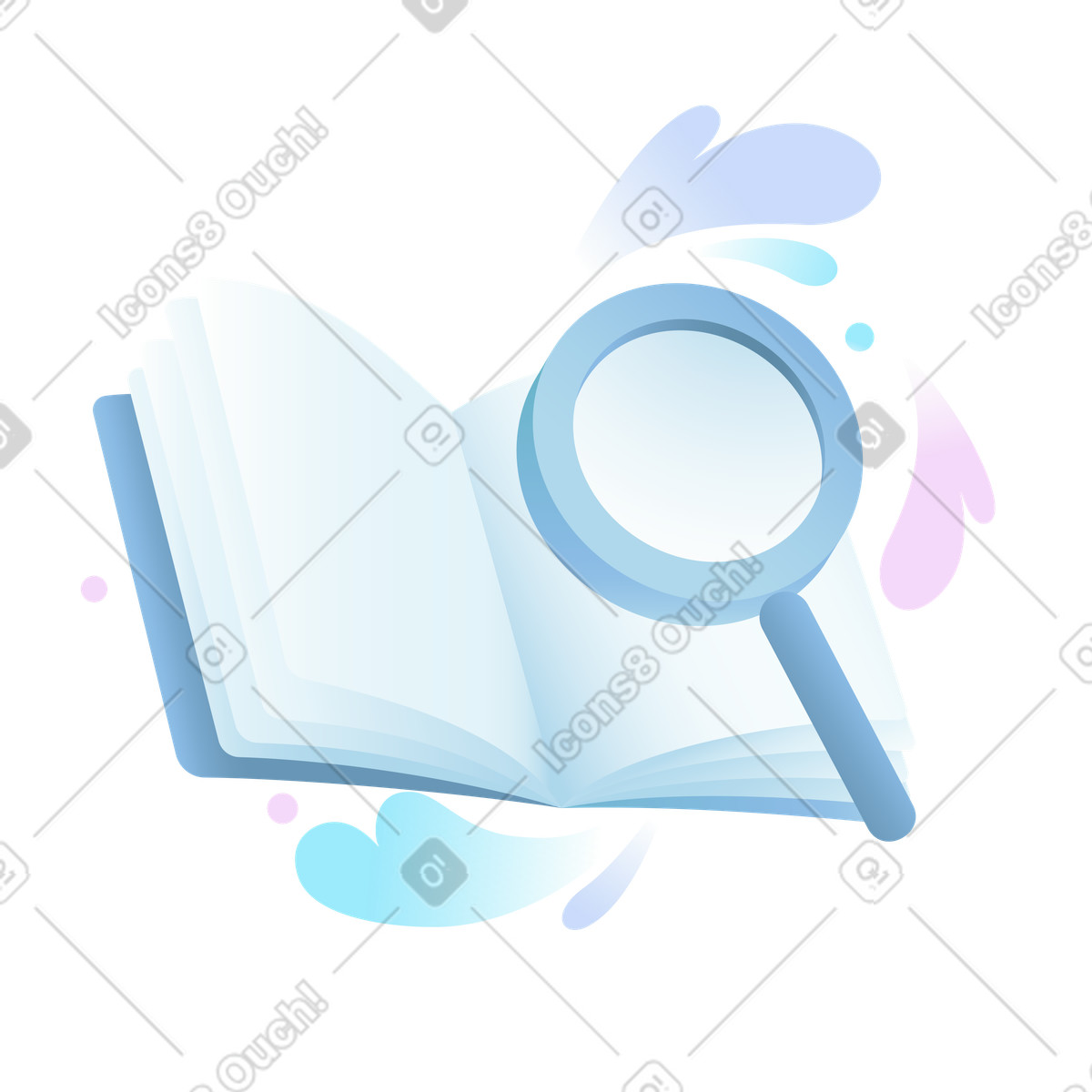 Open book with magnifying glass, Learning and knowledge acquisition illustration in PNG, SVG