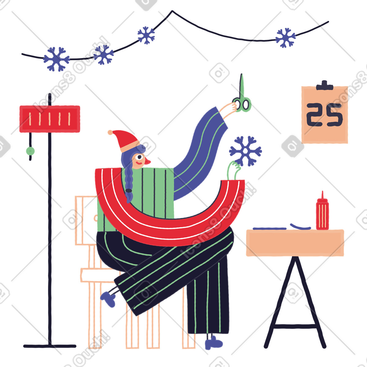 Ilustración Mujer haciendo copos de nieve papel para navidad. en estilo Stripy a descargar en PNG y SVG