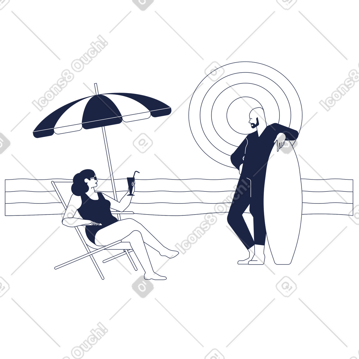 Uomo in tuta da surf piedi con tavola e donna seduta su chaise longue illustrazione stile Urban Line scarica PNG, SVG