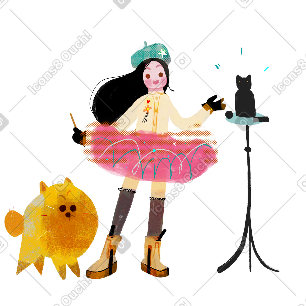 Illustration Girl with cat and dog dans le style Fabulous à télécharger aux formats PNG, SVG