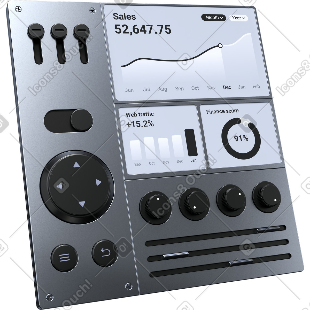 Data control panel, KPI monitoring dashboard, performance management interface illustration in 3D Pro style download in PNG, SVG