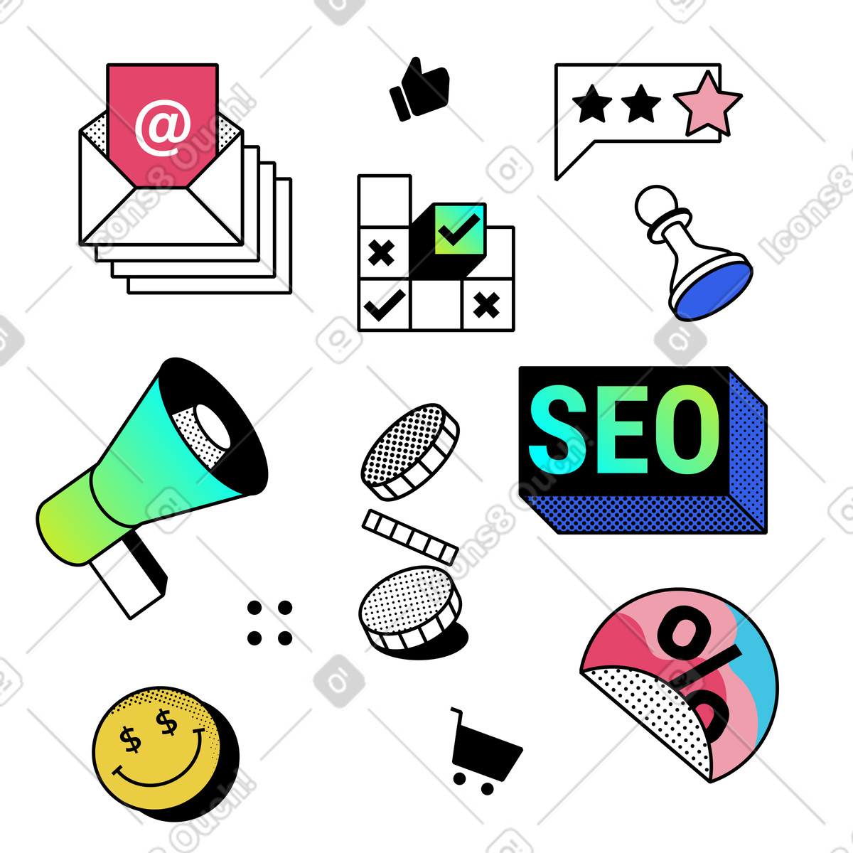 Marketing set, promotion and SEO  illustration in PNG, SVG