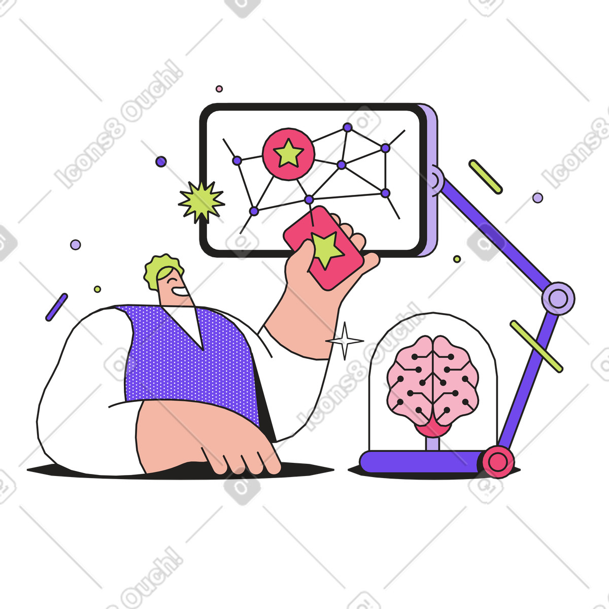 ML Engineer analyzing neural network, Deep learning development and AI research illustrazione in stile Dazzle scarica in PNG, SVG
