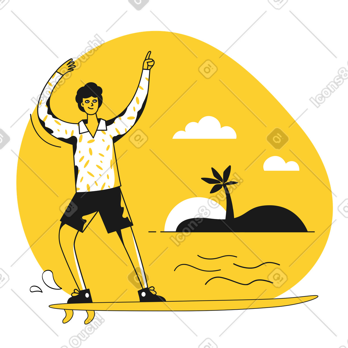 Uomo che cavalca una tavola da surf in vacanza illustrazione stile Taxi scarica PNG, SVG