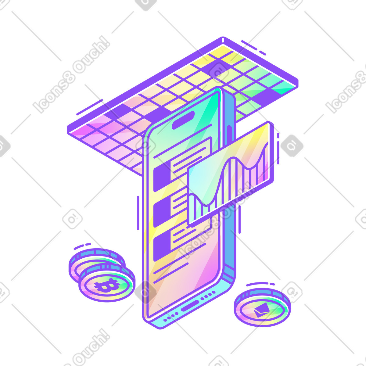 Crypto trading app, Investment tracking and budgeting illustration in Holographic style download in PNG, SVG