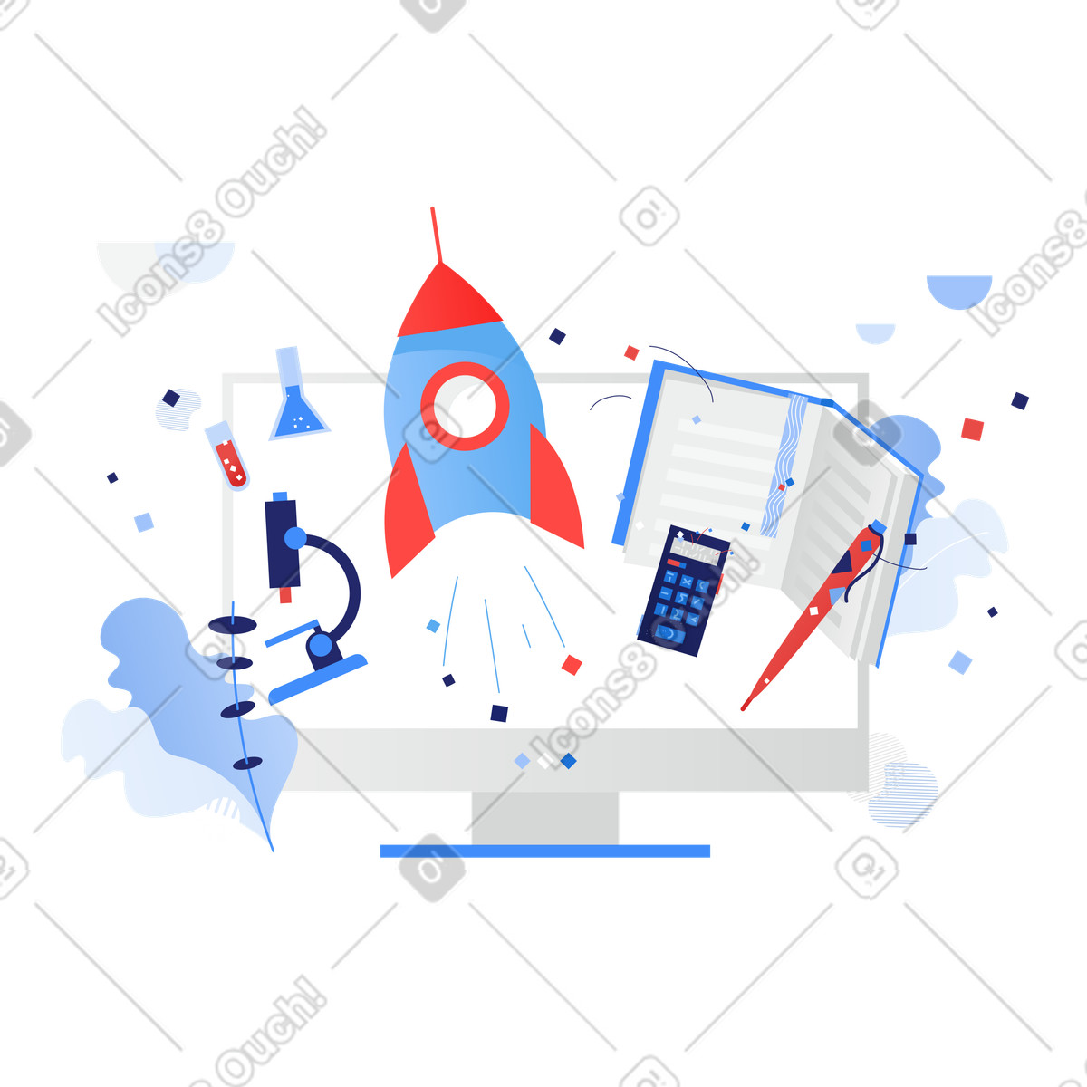 Formazione online rappresentata da elementi essenziali dello studio su un monitor illustrazione in stile Clip scarica in PNG, SVG