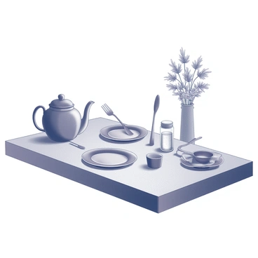 A dining table is set with various household objects, each personified and engaged in conversation. A cheerful teapot with a spout raised is animatedly sharing a story with a pair of vibrant plates, which are leaning towards each other, showing interest. A glass salt shaker, with its lid slightly tilted, is interjecting with playful enthusiasm. Nearby, a fork is positioned upright, gesturing animatedly as it joins the discussion. In the background, a cheerful tablecloth adds texture, while a vase of flowers stands proudly, seemingly listening intently to the banter among the objects.