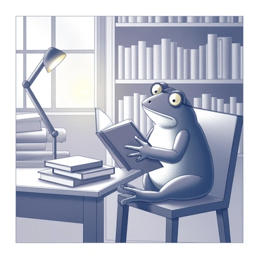 A frog sitting on a wooden chair in a cozy library. The frog is wearing round glasses perched on its nose, which accentuates its intellectual demeanor. It is holding an open book with its front webbed feet, attentively reading the pages. The library is filled with tall shelves lined with books, creating a warm atmosphere. A small, glowing desk lamp casts light over the frog and the book, enhancing the scholarly vibe of the scene. There are stacks of books on the table beside the frog, indicating an environment rich in knowledge.