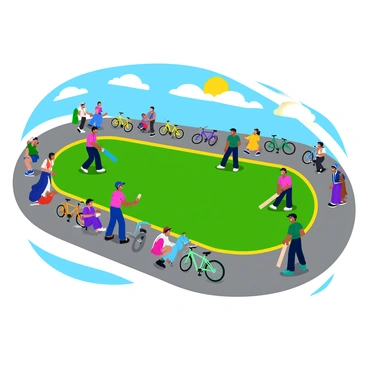 A cricket game taking place on a narrow street. The street is lined with numerous parked bicycles, serving as boundary markers for the game. Several players are on the field, with one player poised to bat, holding a bright blue cricket bat. Another player stands ready to bowl, wearing a green jersey. Spectators are gathered nearby, watching with keen interest. The sun is shining brightly overhead, casting defined shadows on the asphalt. Brightly colored bicycles in various designs are neatly parked along each side of the street, creating a lively atmosphere.