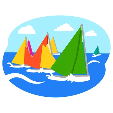 A fleet of colorful sailboats racing across a bright blue ocean. Each sailboat has large, billowing sails in various colors, such as red, yellow, and green, capturing the wind energetically. The boats are positioned at different angles, cutting through the waves with splashes of white foam around them. In the background, a clear sky with a few fluffy clouds frames the scene, enhancing the excitement of the competition. The atmosphere is lively and dynamic as the sailboats navigate towards the finish line.