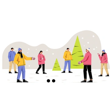 A snowy outdoor setting with several people playing petanque. The players are bundled up in colorful winter clothes, including thick coats, scarves, and gloves. Snowflakes are falling gently from the gray sky, and the ground is covered in a layer of fresh snow. In the foreground, a player stands poised to throw a metal ball, while others watch intently. Nearby, a cluster of trees are dusted with snow, creating a cozy winter atmosphere. The scene captures the excitement and camaraderie of winter sports.