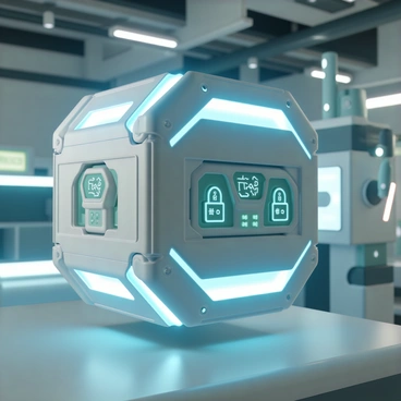 A futuristic metal crate, designed with sleek angular shapes, sits suspended in mid-air within a high-tech laboratory. The crate features glowing blue and green lights that pulse rhythmically along its edges, illuminating the surrounding area. Digital locks are embedded on its surface, displaying complex, scrolling codes and symbols. The lab is filled with advanced technology, including translucent screens and robotic arms, while a soft, ambient glow from high-tech instruments enhances the futuristic atmosphere.