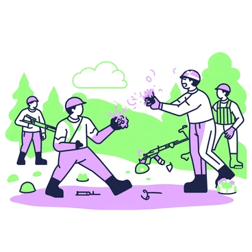 A group of soldiers is engaged in a playful mud fight in a clearing. The soldiers are wearing camouflage uniforms and sturdy boots, with some of their faces smeared with mud. One soldier is throwing a clump of mud at another, who is laughing and trying to dodge. In the background, there are scattered military gear and equipment, including helmets and rifles positioned on the ground. The atmosphere is lively as several soldiers are seen laughing, with some attempting to sneak up on their friends for a surprise attack. Trees and a slight hill can be seen framing the scene, adding a natural backdrop to the humorous moment.