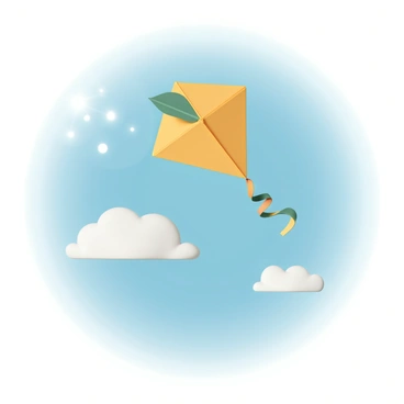 A vibrant kite, shaped like a mango, is soaring high in the clear blue sky. The kite's bright yellow surface is adorned with green and orange accents, mimicking the natural colors of a ripe mango. Below the kite, fluffy white clouds drift softly, contrasting with the vivid colors of the kite as it dances with the wind. The sun shines brightly, illuminating the scene and creating a cheerful atmosphere.