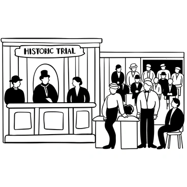 A courtroom scene featuring a judge sitting elevated at a wooden bench, wearing a black robe and a powdered wig. A defendant in vintage attire stands at a wooden stand, wearing a tailored suit and a bowler hat. A lawyer in a three-piece suit presents evidence to the jury, which is seated to the side, observing attentively. The gallery is filled with spectators dressed in period outfits, including dresses with long skirts and men in bow ties and top hats. The walls of the courtroom are adorned with wood paneling and ornate decorations. "Historic Trial" is displayed prominently on a banner above the judges’ bench.