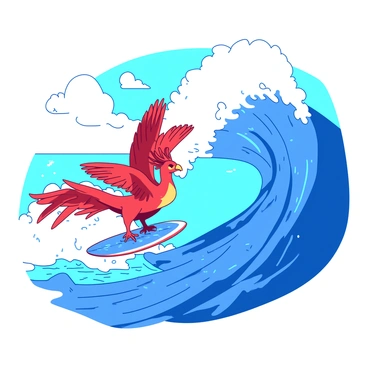 A red phoenix with vibrant feathers is surfing along the crest of a towering blue ocean wave. The wave is frothy white at the top, contrasting with the deep blue of the water below. The phoenix's wings are spread wide, catching the wind as it balances on a surfboard made of shimmering blue material. In the background, the ocean stretches out under a clear sky, enhancing the sense of motion and excitement in the scene. Sunlight glimmers on the surface of the water, creating a lively atmosphere.
