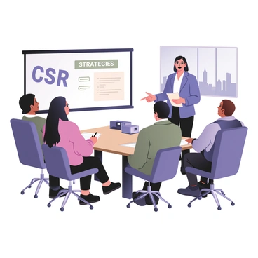 A corporate trainer standing in front of a whiteboard with "CSR Strategies" written on it in bold letters. The trainer is a middle-aged woman with short black hair, wearing a blue blazer and black pants. She is gesturing with her right hand, while holding a pointer in her left hand. In front of her, a diverse group of employees is seated at a conference table. The employees consist of three men and two women of varying ages and ethnic backgrounds, all listening attentively. Some of them have notepads and pens, ready to take notes. The room is well-lit with large windows showing a cityscape in the background. A projector is on the side, displaying a slide with bullet points related to CSR strategies.