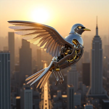 A mechanical bird with shiny metal feathers and intricate gears visible through its semi-transparent wings. The bird is soaring high above a sprawling cityscape filled with tall skyscrapers and bustling streets. The sun is setting in the background, casting a warm golden glow on the buildings. The wings of the bird are slightly spread, showcasing the detailed inner workings of its mechanism. Below, tiny figures can be seen moving along the streets, emphasizing the height of the flying bird.