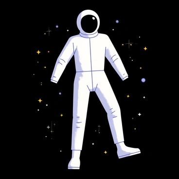A 3D human figure wearing a sleek space suit is floating in zero gravity. The space suit is shiny and form-fitting, featuring intricate white and silver details. The human figure has a helmet with a reflective visor, and their limbs are spread out slightly, showcasing the weightlessness. Surrounding the figure are countless stars, twinkling brightly against the deep black backdrop of space. Some distant planets and nebulae can be faintly seen, adding depth to the cosmic setting.