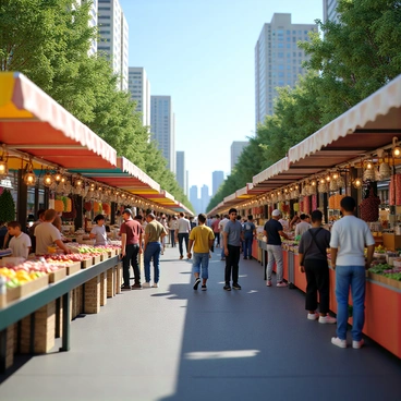 An urban street market filled with a diverse crowd of people, showcasing various vibrant stalls. Each stall is covered with colorful awnings, displaying an array of fresh fruits, vegetables, and handmade crafts. Shoppers are engaged in lively conversations while inspecting goods. Some stalls have intricate decorations and are adorned with string lights, adding to the lively atmosphere. In the background, tall buildings and a clear blue sky can be seen, completing the urban setting. The scene captures the energy and excitement of a busy market day.