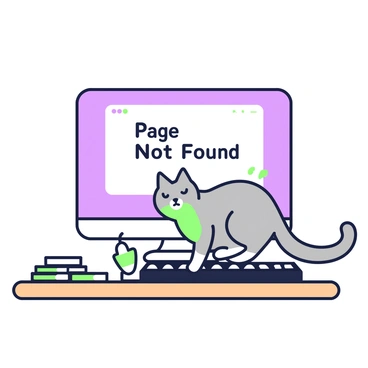 A cat sitting on a keyboard with a 'Page Not Found' screen on a computer monitor