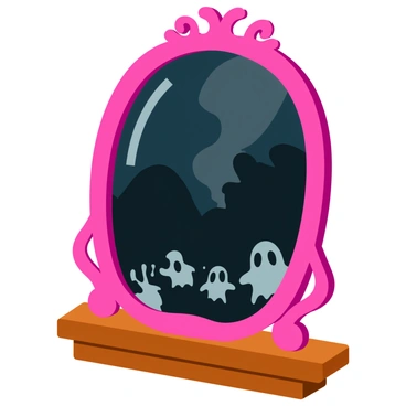 An ornate mirror with an intricately designed frame featuring floral patterns and swirling vines. The mirror's surface reflects a dark, eerie realm filled with soft shadows and ghostly figures that seem to float in the air. Wisps of fog swirl around the figures, adding an ethereal quality to the scene. The mirror is positioned on a wooden mantel, with faint light illuminating its edges, creating a contrast between the haunting reflection and the warm wood tones of the mantel.