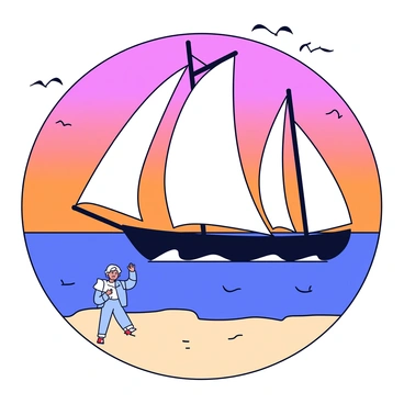 A large sailboat with white sails is departing from the shore, its sails billowing in the wind. The ship is set against a vibrant orange and purple sky, indicating a sunset. On the sandy beach, a person stands with their hand raised, waving goodbye. The individual has short hair and is wearing a blue shirt. The waves gently lap at the shore, and distant silhouettes of seagulls can be seen in the background.