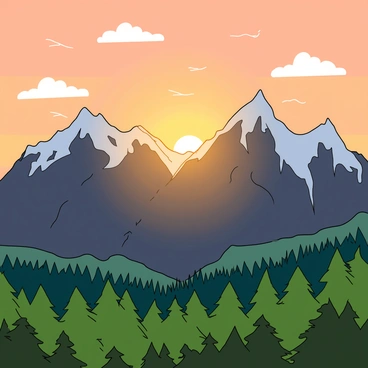 A picturesque scene of mountain peaks illuminated by the rising sun. The mountains are rugged and tall, with craggy edges catching the light. The sky above is painted in soft hues of orange and pink as the sun begins to rise. The warm, golden glow reflects off the snowy caps of the mountains, creating a contrast with the dark, rocky slopes. Below the peaks, a valley filled with lush green trees can be seen, enhancing the vibrant colors of the morning. Wisps of clouds float lazily in the sky, adding a sense of tranquility to the breathtaking landscape.