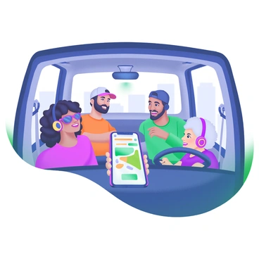 Illustration of a lively conversation among diverse passengers sharing an Uber Pool ride