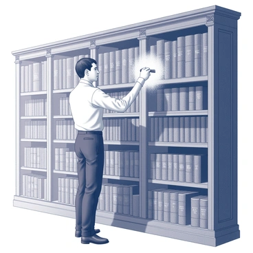 A servant is carefully dusting large leather-bound books that are arranged on tall wooden shelves. The servant is wearing formal attire, including a crisp white shirt and black trousers. Dust particles are visible in the light as they are brushed away from the spines of the books. The shelves are intricately carved and showcase an array of books with embossed titles. The scene conveys a sense of tidiness and order within a grand library setting.