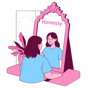 A person stands in front of a large, ornate mirror labeled "Honesty" at the top in bold letters. The mirror reflects a vibrant image of the individual's true self, showcasing a bright smile and confident posture. The person has shoulder-length brown hair and is wearing a blue shirt. The background is softly blurred, with a white wall and a small potted plant on a table near the mirror, creating a warm and inviting atmosphere. The overall scene emphasizes the theme of self-reflection and authenticity.
