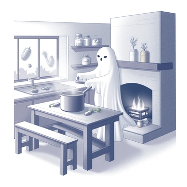 A ghostly figure is seen in a rustic kitchen, with an old wooden table as the centerpiece. The ghost, appearing semi-transparent, is stirring a large pot that rests over a crackling fire in a stone fireplace. Various ingredients such as potatoes, carrots, and herbs are floating gracefully around the kitchen, suspended in mid-air. The walls are adorned with wooden shelves filled with jars and cooking utensils. A window reveals a glimpse of the outside world, with trees in the background. A warm, inviting atmosphere permeates the scene despite the ethereal presence.