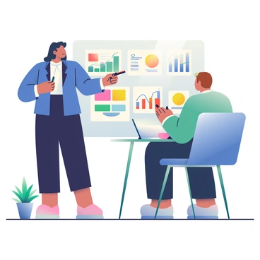 A professional woman with dark hair is standing and presenting marketing plans to a client. She is wearing a tailored navy blue blazer over a white blouse and black trousers. In front of her, a large white screen displays colorful graphs and charts showcasing the marketing plans. The woman is pointing towards the screen with a laser pointer in her right hand, while her left hand is gesturing towards the client, who is sitting at a conference table. The client, a middle-aged man with short brown hair, is attentively taking notes on a notepad. The room is well-lit, and there are potted plants in the corners.