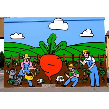 A large mural on a city wall features vibrant red beetroots at the center, surrounded by farming scenes. Various farmers are depicted tending to rows of crops, wearing straw hats and overalls. The background shows rolling green fields under a bright blue sky with fluffy white clouds. There are also wooden fences and farm tools, such as a pitchfork and a watering can, integrated into the design. The colors are bold and lively, highlighting the connection between agriculture and urban life.