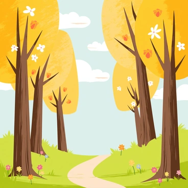 A whimsical forest where trees have candy corn instead of leaves