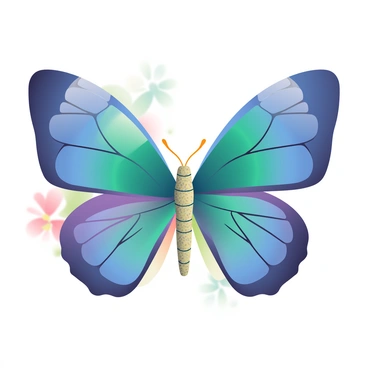 A butterfly with large, translucent wings made of jewel-toned glass is positioned in the center of the image. The wings exhibit a vibrant array of colors including deep emerald green, royal blue, and amethyst purple, reflecting light as if they were made of precious gems. The body of the butterfly is slender and covered in delicate, iridescent scales that shimmer in shades of gold and teal. Surrounding the butterfly, soft light creates a gentle glow that enhances the glass-like quality of the wings. The background features subtle hints of blurred floral shapes, adding a sense of depth and context to the butterfly's elegant form.