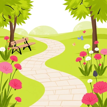 A winding garden path made of cobblestones leads through a lush green landscape. The path is flanked by clusters of "vibrant carnation flowers" in various shades of pink, red, and white, all in "full bloom." Butterflies in bright colors flutter around the flowers, and a small wooden bench is placed along the path, inviting visitors to sit and enjoy the view. The sunlight filters through the leaves of nearby trees, casting dappled shadows on the ground.