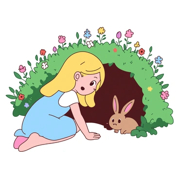 A young girl with long blonde hair is kneeling at the edge of a deep rabbit hole surrounded by vibrant green grass and colorful wildflowers. She is wearing a light blue dress with white accents. Her wide eyes express curiosity and wonder as she peers intently into the dark hole. A small brown rabbit with fluffy ears is partially visible at the entrance of the hole, seemingly inviting her to follow. The atmosphere is filled with an air of intrigue and adventure.