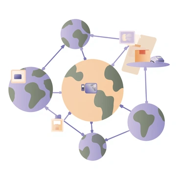 A digital flat illustration featuring multiple interconnected globes, each representing different continents. The globes are colored in shades of blue, green, and orange. Thin lines in various colors connect the globes, indicating a network of distribution. Small icons representing different goods, such as a box, a computer, and a vehicle, are placed near the globes. Each globe has small arrows pointing toward neighboring globes, symbolizing the flow of resources. The background is a subtle gradient, enhancing the focus on the globes and connections.