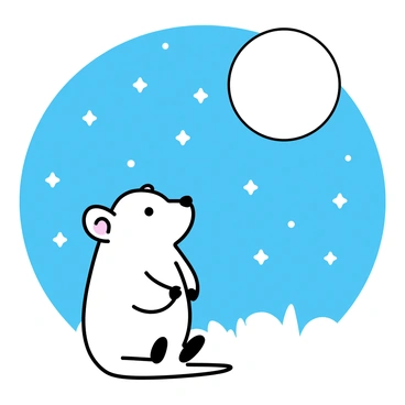 A wombat with a round body and short legs is sitting on a grassy patch, gazing upward. The sky above is filled with numerous stars, shining brightly against a deep blue background. A large full moon is positioned prominently, casting a soft light over the scene. The wombat's ears are perked up, and its small eyes are wide with curiosity as it takes in the celestial view.